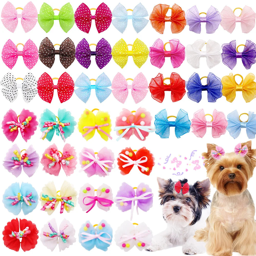 50PCS Pet Hair Accessories Lace Dog Bows With Rubber Bands Handmade Cute Cat Bows Yorkshire Puppy Bowknots Pet Supplies For Dogs