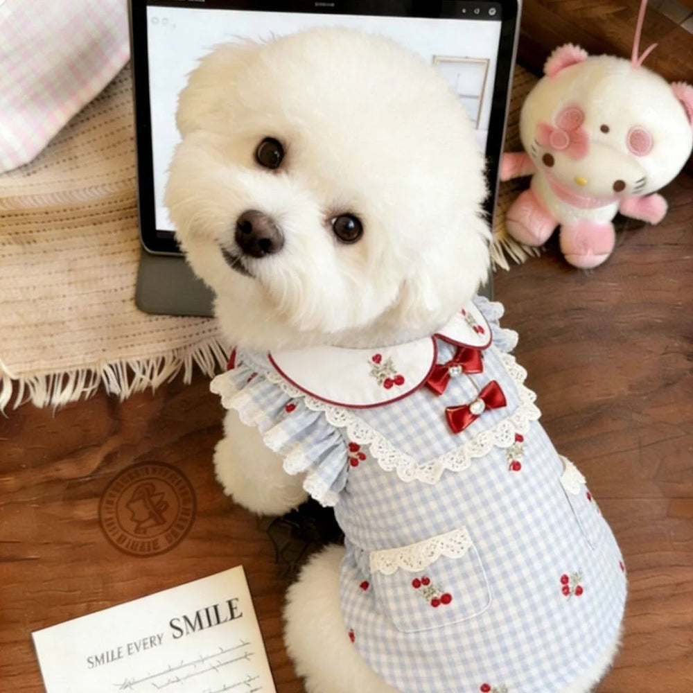 Summer Pet Puppy Clothes Small Dog Cherry Embroidered Dress Teddy Popular Plaid Pullover Short Sleeved Yorkshire Skirt