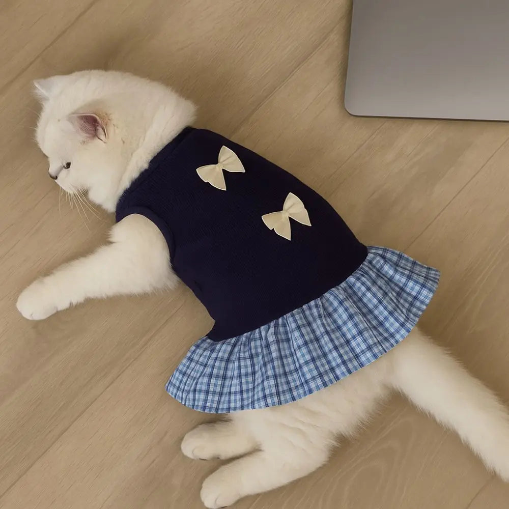 CatsPet Apparel Korean Style Dog Princess Skirt Breathable Thin Pet Strap Dress Bowknot Plaid Soft Pet Summer Clothes for Puppy