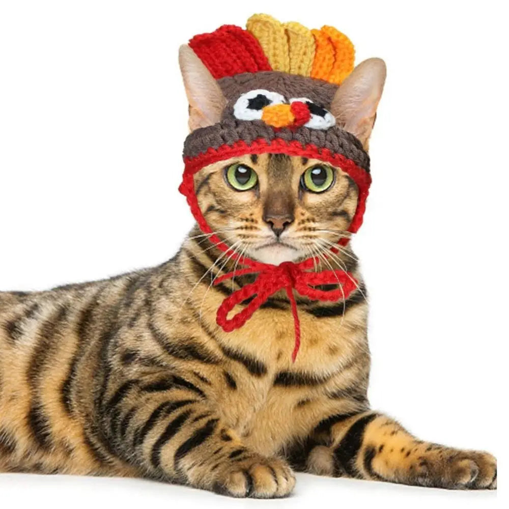 Cat Accessories Cartoon Cat Turkey Hat Adjiustable Elastic Cat Cosplay Headwear Soft Pet Knitted Hat Halloween