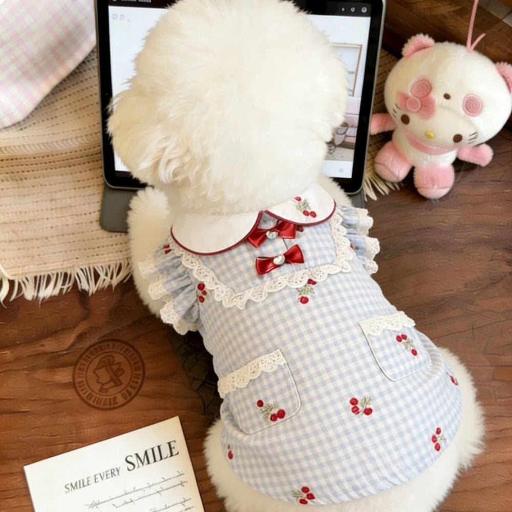 Summer Pet Puppy Clothes Small Dog Cherry Embroidered Dress Teddy Popular Plaid Pullover Short Sleeved Yorkshire Skirt