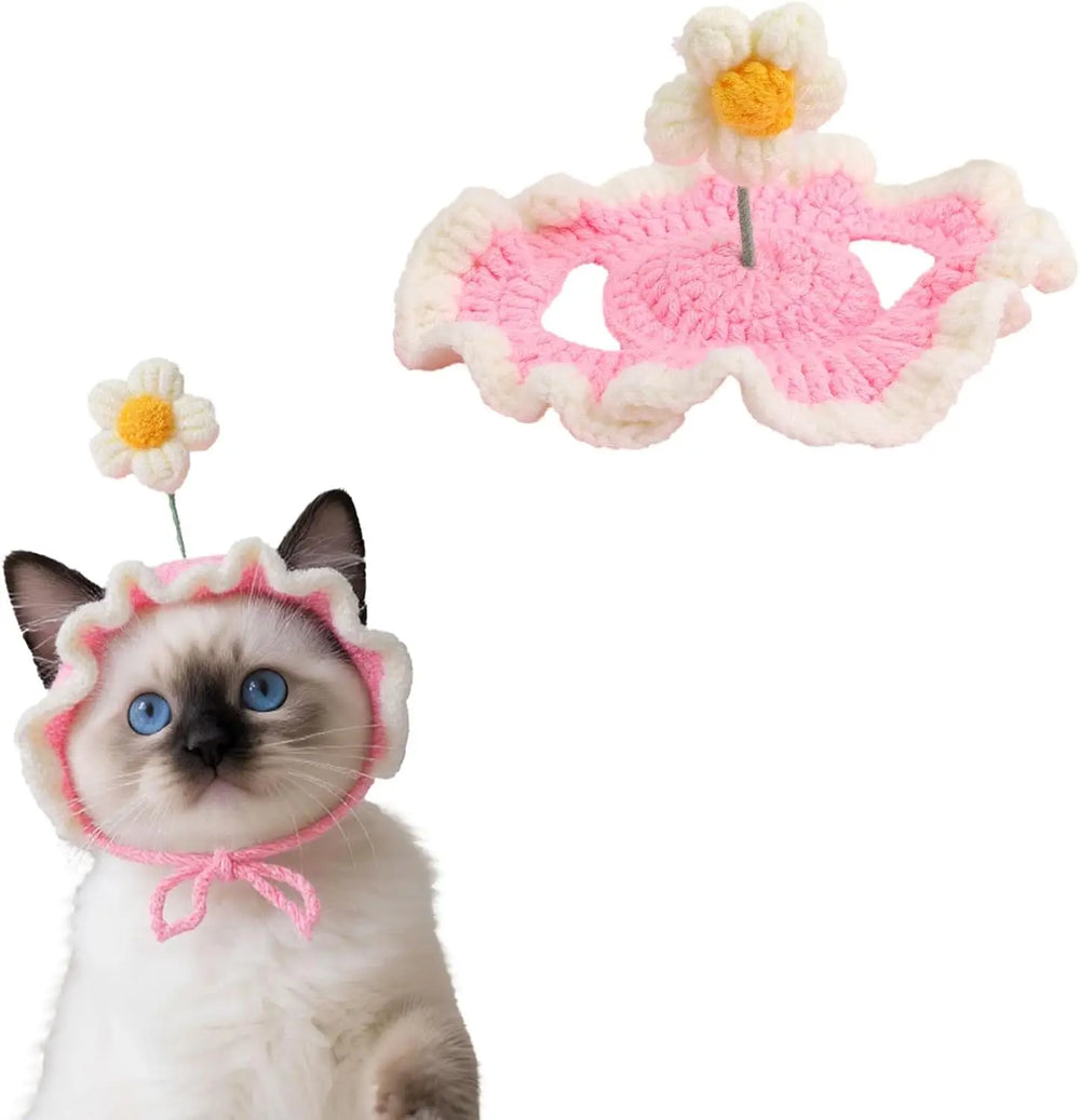 Cat Hat, Cute Flower Crochet Cat Hat Knitted Costume Headwear for Kitten Dog Puppy Pet Small Knit Cap Clothes Decoration