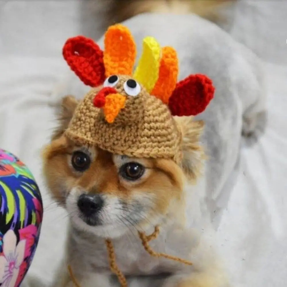 Cat Accessories Cartoon Cat Turkey Hat Adjiustable Elastic Cat Cosplay Headwear Soft Pet Knitted Hat Halloween